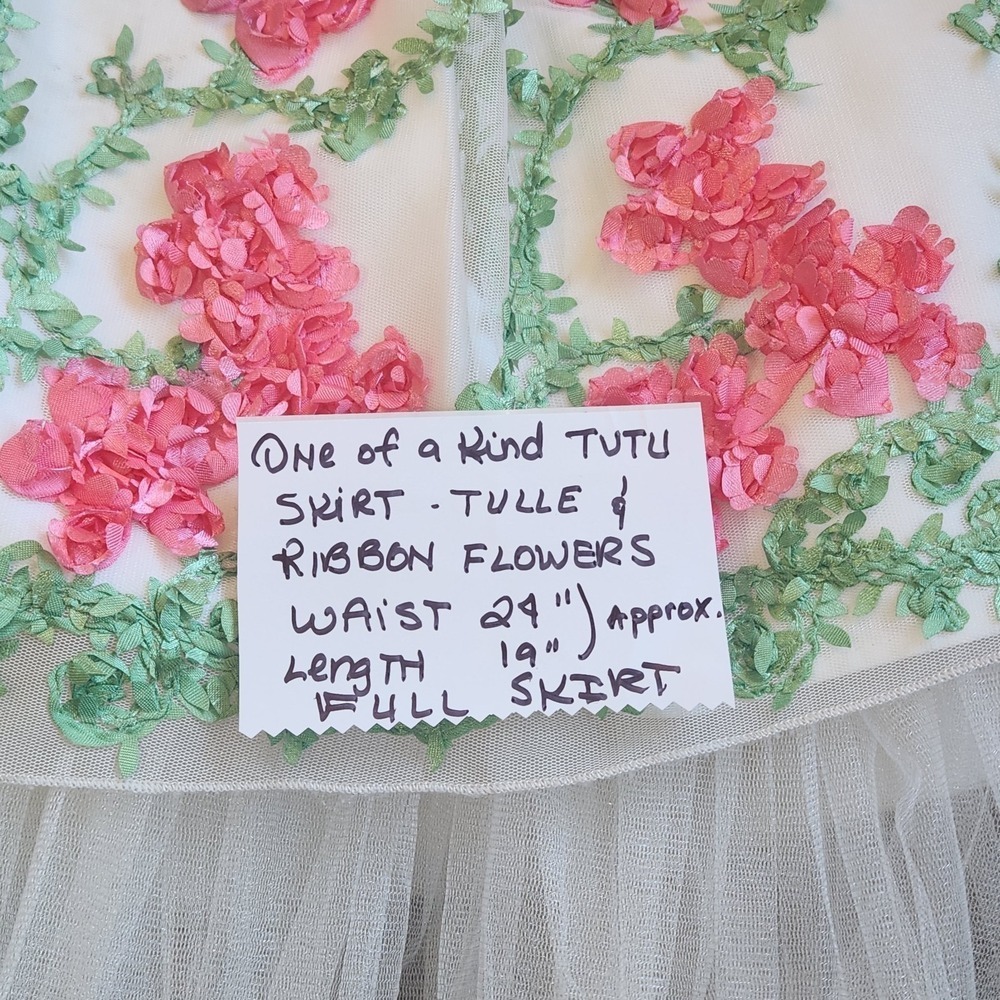 White CUSTOM TUTU SKIRT Theater Costume X Small waist 24" Pink RIBBON FLORAL